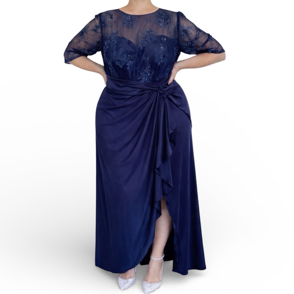 JJ’s House navy blue beaded lace sheer overlay full length formal gown size 14W